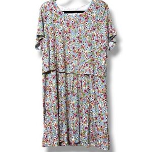 J Jill women’s size XL Blue Floral Jersey Short Sleeve Layered Dress pockets